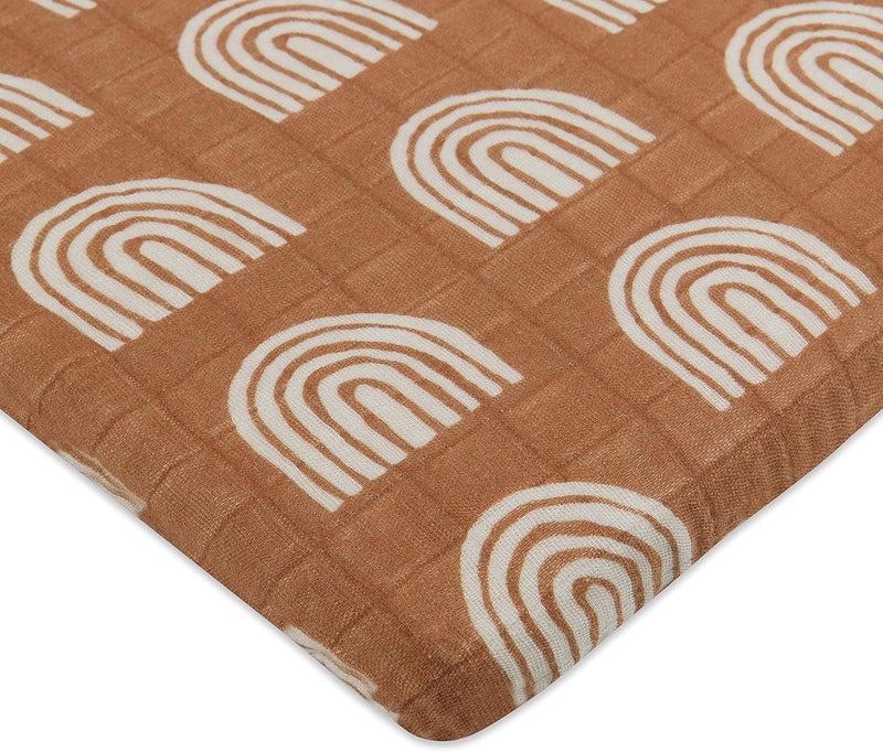 babyletto Muslin Baby Bassinet Sheets for Girls & Boys - GOTS Certified Breathable Organic Cotton Cover, 360° Fitted, Soft & Cozy Rectangle Bedside Bassinet Sheets - Terracota Rainbow - Image 1